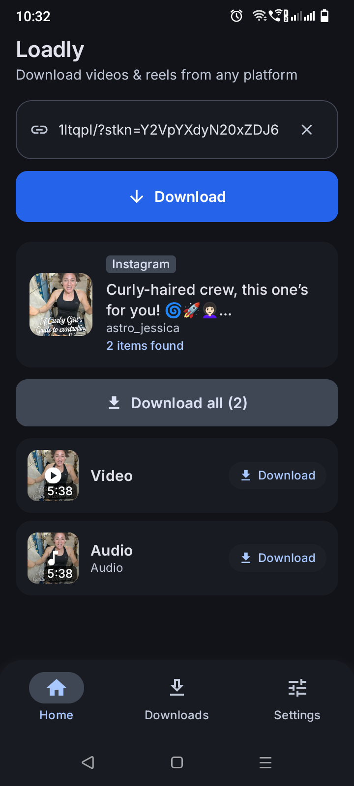 Loadly home screen showing a pasted link, media found, and download buttons