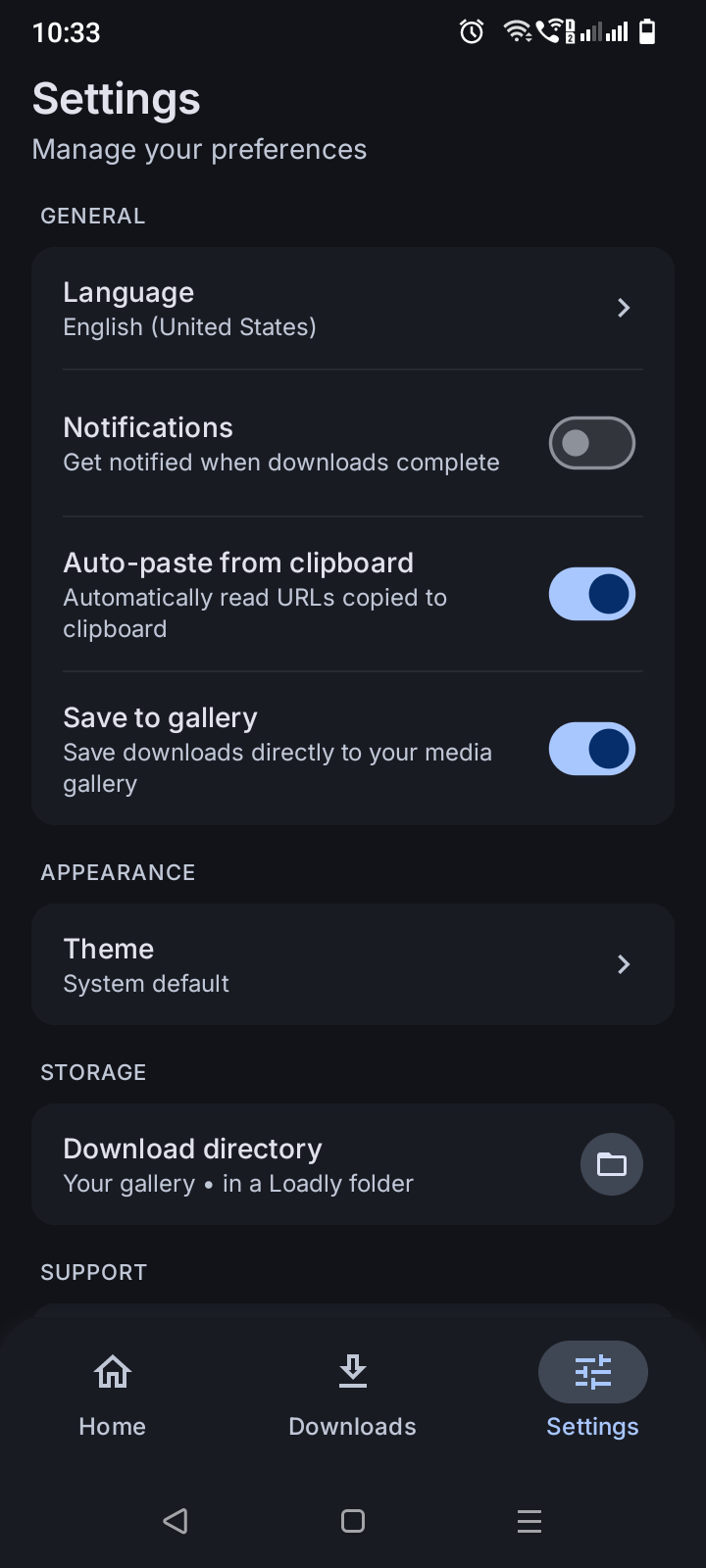 Loadly Settings screen